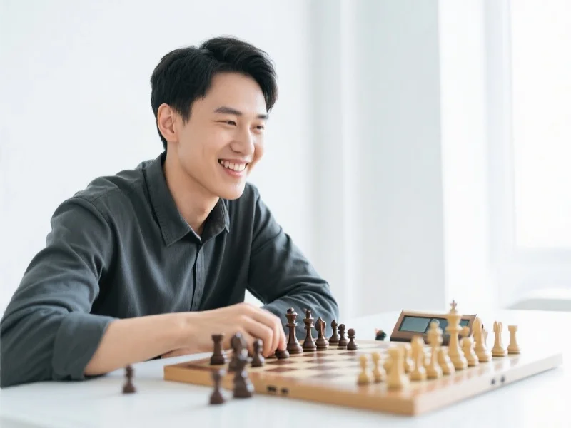 一位玩家在明亮室内微笑着自信地下棋，表现出冷静与专注的神态，背景为简约风格